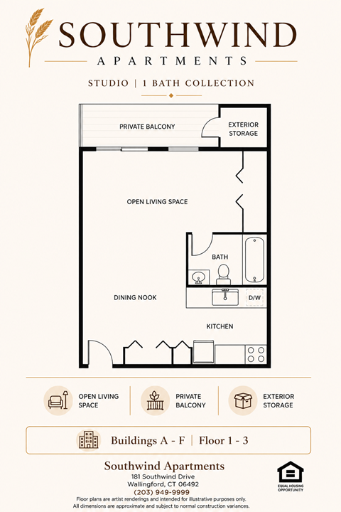 Floor plan for studio, 1 bath, 585 sqft